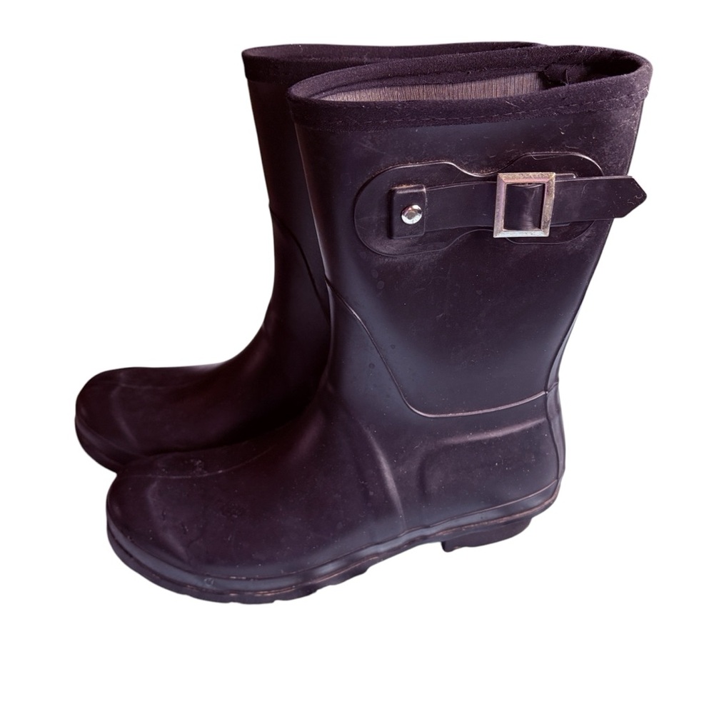 Black Rubber Rain Boots with Buckle by Rainey Lake | women’s size 8